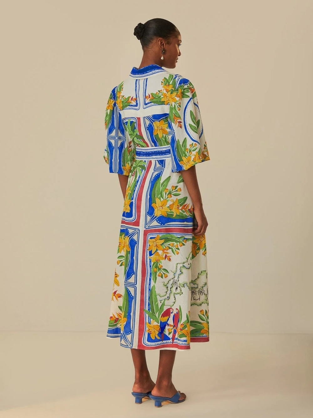 FARM Rio White Midi Shirt Dress with Blue Stripes and Yellow Floral Print - Picture 4 of 7